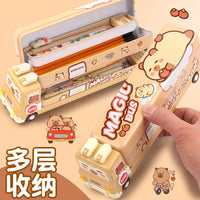 Cartoon Capybara School Bus Pencil Case, Large Capacity Three-Layer Metal Stationery Box for Students