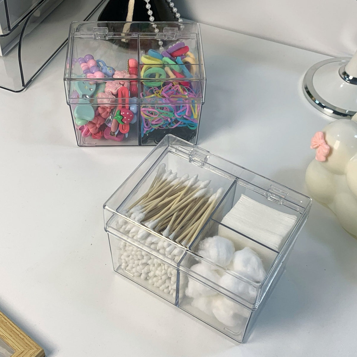 Acrylic Cotton Swab and Pad Organizer with Dustproof Lid for Vanity