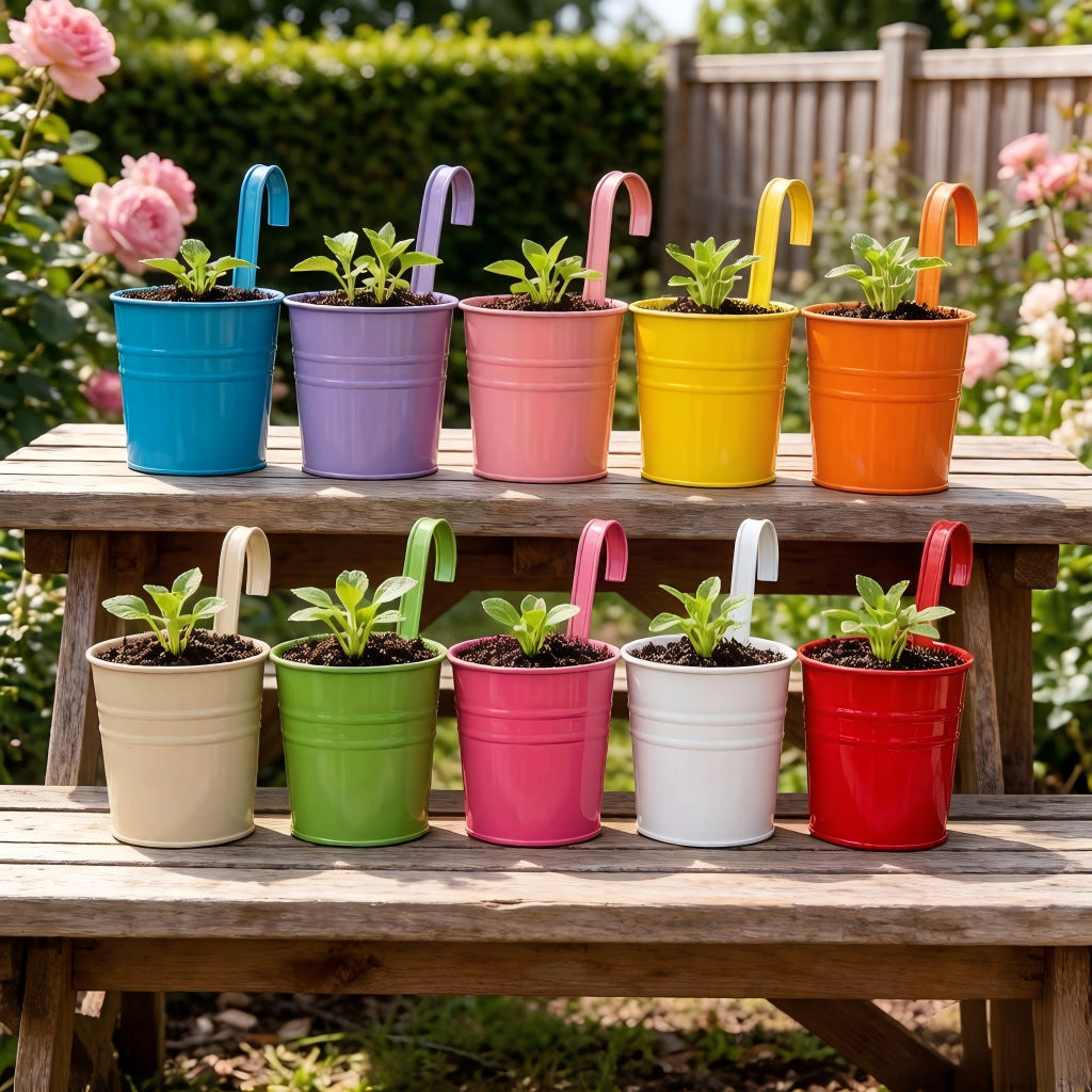 Detachable Metal Hanging Planter Basket with Tray for Balcony Railing & Garden