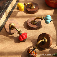 Vintage Ceramic Pumpkin & Beech Wood Wall Hooks for Entryway & Home Decor, Drill-Free Adhesive or Punch Installation