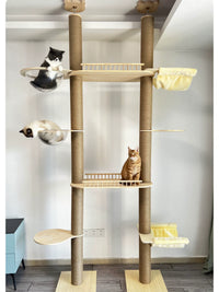 Solid Wood Floor-to-Ceiling Cat Tree Condo with Space Capsule Hammock, Large Cat Villa Activity Center