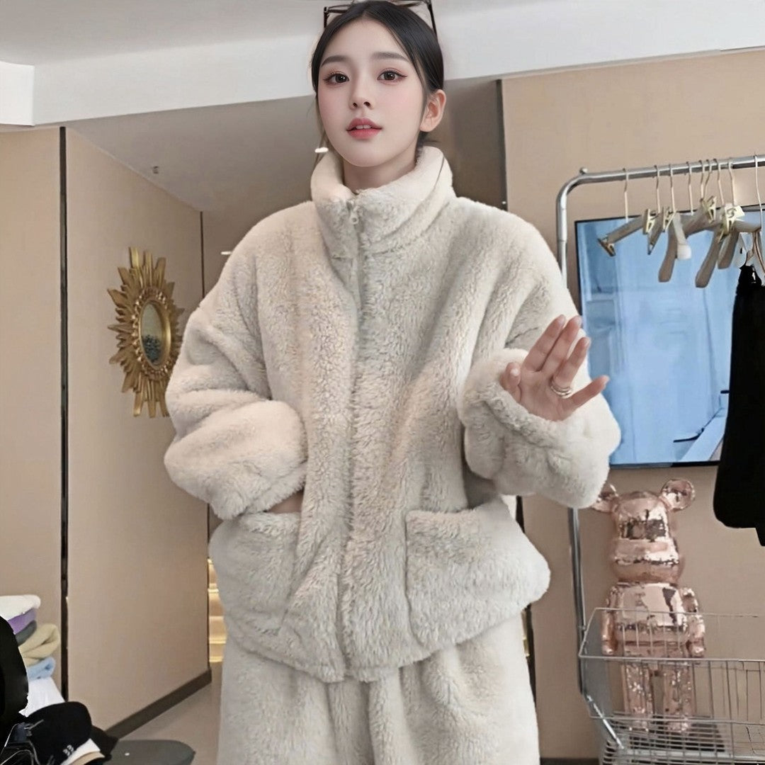 Women's Coral Fleece Warm Pajama Set with Zipper, Mid-thickness Loungewear for Autumn/Winter, High Collar Couple Style