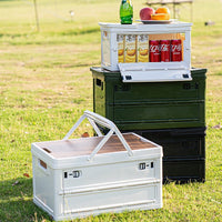 Outdoor Camping Storage Box with Wooden Lid, Foldable Car Trunk Organizer, Large Capacity Side-Opening Container