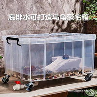 Large Turtle Habitat Tank with Filter and Landscape, Plastic Aquarium with Lid and Drain