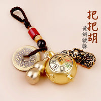 Brass Pixiu Gourd Five-Emperor Coin Keychain with Zodiac Animal Charms