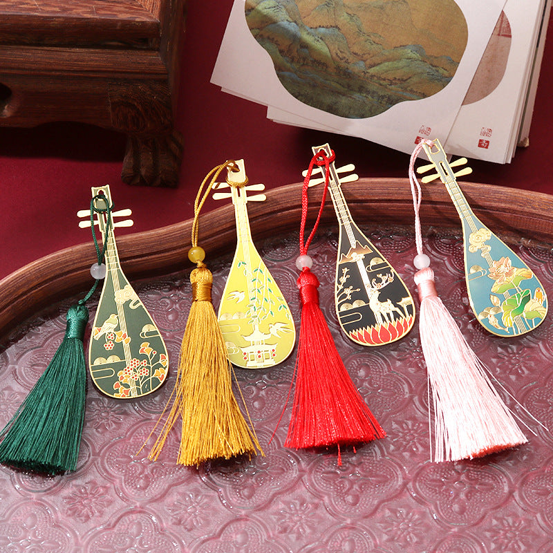 Classical Chinese Pipa Bookmark with Tassel, Metal Engraved Gift for Students and Girls