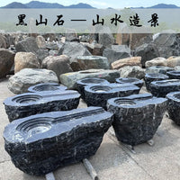 Black Mountain Stone Water Basin Irregular Flowing Stone Sculpture for Dry Landscape Gardens