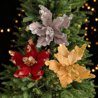 Glitter Flocked Christmas Flower Ornaments for Christmas Tree Decoration, European Classic Style
