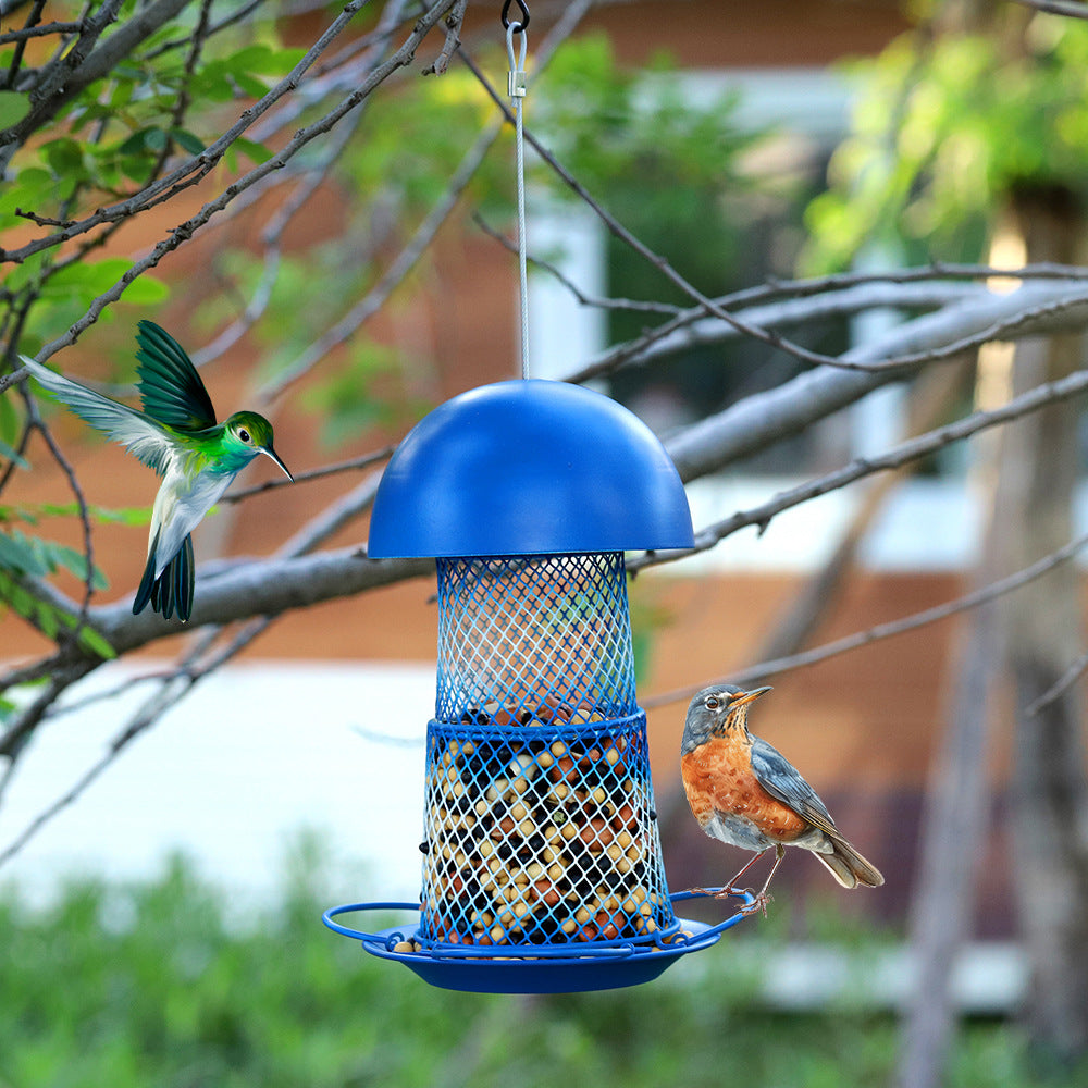 Hanging Metal Bird Feeder with Mushroom Top for Garden and Yard
