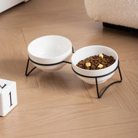 Minimalist White Ceramic Pet Bowl with Iron Stand for Cats and Dogs, Anti-Tip Elevated Food and Water Dish