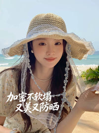 French Lace Tie Straw Hat for Women and Kids - Wide Brim Sun Protection Beach Hat