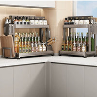 Kitchen Spice Rack Countertop Organizer, Freestanding Seasoning Storage Shelf with Hooks