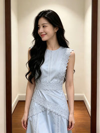 French Style Lace Patchwork Sleeveless Long Dress for Women, Blue