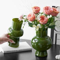 Vintage Glass Vase for Living Room Decor, Hydroponic Flower Arrangement, Retro Green Art Ornament