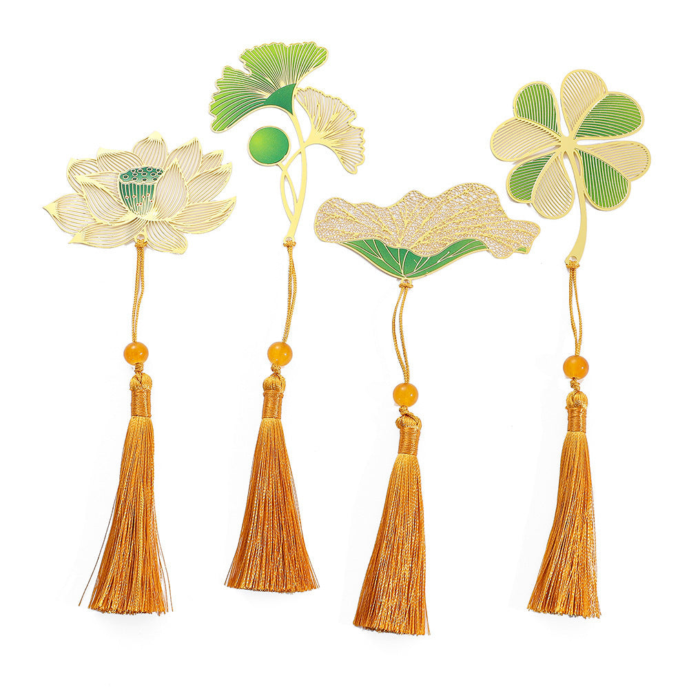 Creative Metal Painted Bookmark Chinese Style Leaf Brass Tassel Retro Student Gift Stationery