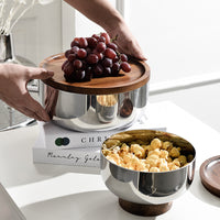 Lychee Wood & Stainless Steel 3-Tier Fruit Bowl with Stand, High-Footed Snack & Nut Serving Platter
