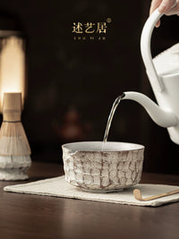 Shuyi Ju Handmade Carved Ceramic Matcha Bowl with Spout and Whisk Set