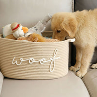 Handwoven Cotton Rope Pet Toy Storage Basket with "WOOF" Design