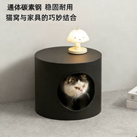 Carbon Steel Cat Cave Ottoman with Breathable Cushion, Durable Round Pet Bed Furniture