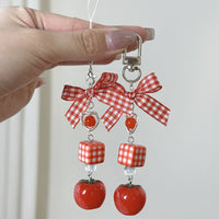 Cute Japanese Style Strawberry Bow Beaded Phone Charm Christmas Red Apple Fruit Pendant Bag Keychain