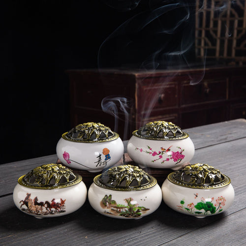 Ceramic Incense Burner with Anti-Scald Lid for Stick, Cone, and Coil Incense