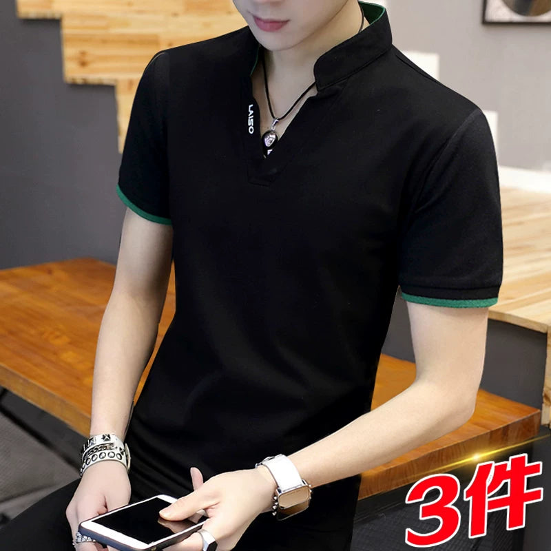 Men's V-Neck Cotton Polo Shirt Short Sleeve Summer Breathable Ice Feel