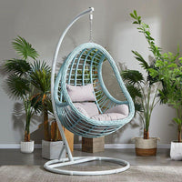 Outdoor Indoor Wicker Swing Chair with Stand, Rattan Hanging Basket Seat for Patio Balcony Garden