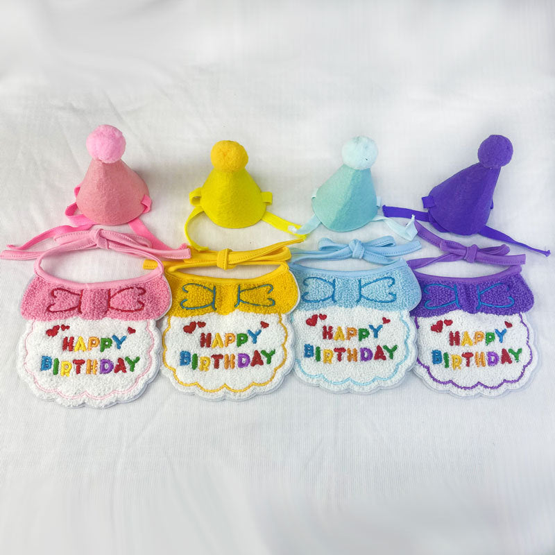 Pet Birthday Hat and Bandana Set, Embroidered Scarf Bib for Cats and Dogs, Party Supplies