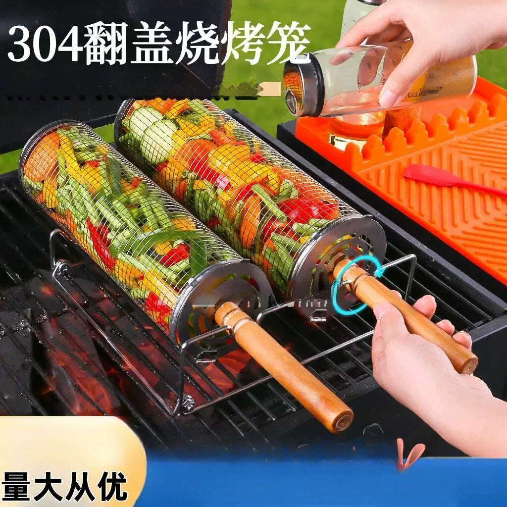 304 Stainless Steel Rotating BBQ Basket and Smoker Cage for Outdoor Grilling
