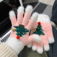 Snowflake Christmas Tree Fingerless Gloves for Women and Kids, Touchscreen Compatible, Plush Lined, Thick Warm for Winter Cycling