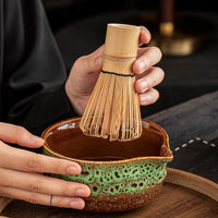 Japanese Style Matcha Bowl with Spout and Whisk Set, Kiln Glazed Ceramic
