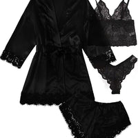 Women's Lace Pajama Set with Robe and Shorts, 4-Piece Sleepwear Loungewear