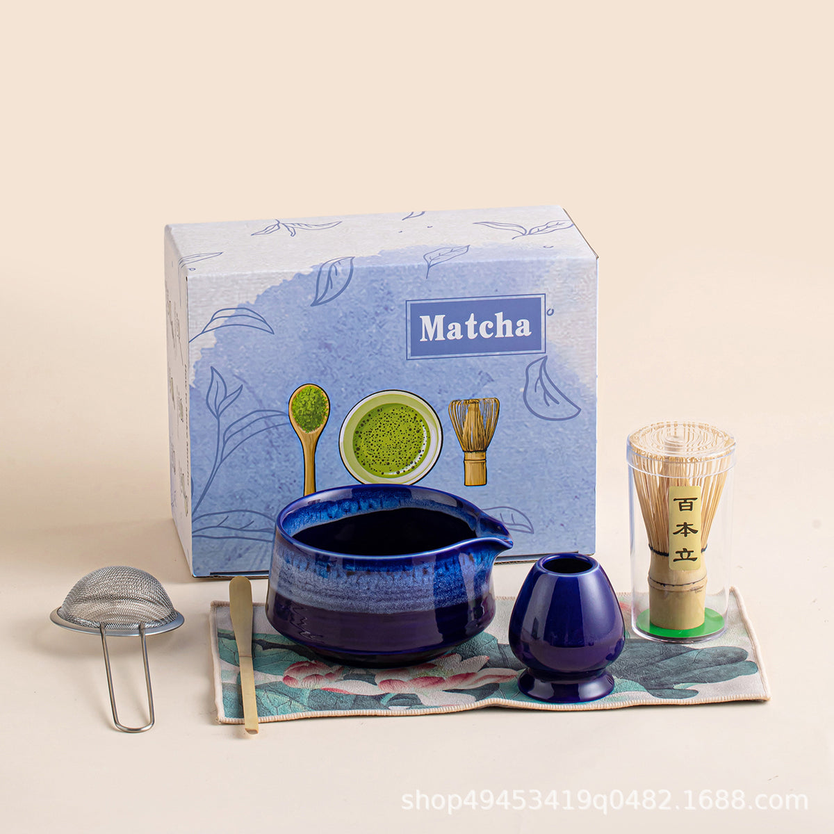 Japanese Ceramic Matcha Bowl Set with Spout and Whisk Stand