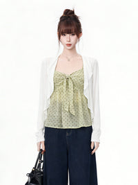 Women's Lyocell Ruffle Cardigan & Polka Dot Cami Two-Piece Set