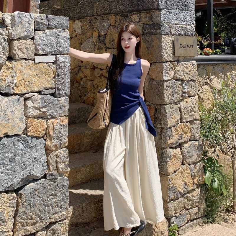 French Style Sleeveless Top & Wide-Leg Pants Set for Women