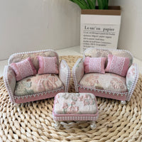 1:12 Dollhouse Miniature Living Room Furniture Set - Pink Floral Sofa, Coffee Table, and Lamp