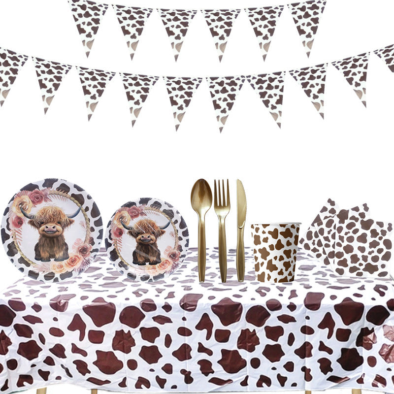 Farm Cow Theme Party Supplies Set - Tablecloth, Banner, Straws, Cutlery