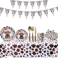 Farm Cow Theme Party Supplies Set - Tablecloth, Banner, Straws, Cutlery