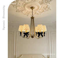 American Retro Iron Art Chandelier with Polka Dot Shade and Bowknot Decor for Living Room, Dining Room, Bedroom