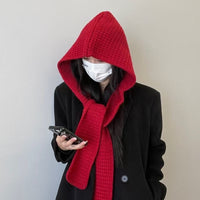 Hooded Scarf and Beanie Set for Winter, Solid Color Warm Knit Scarf and Hat Combo