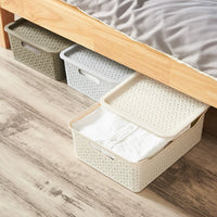 Thickened Lidded Storage Basket Plastic Organizer Box for Desktop Snacks and Sundries, Breathable Rattan-Imitation