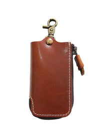 Men's Vintage Genuine Leather Car Key Holder with Zipper, Large Capacity Waist Hanging Key Case