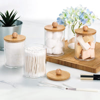Acrylic Cotton Swab Holder with Bamboo Lid, Desktop Organizer for Cotton Pads and Floss Picks