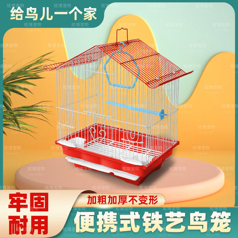 Decorative Metal Bird Cage for Parrots and Mynah Birds, House-Shaped Pet Aviary