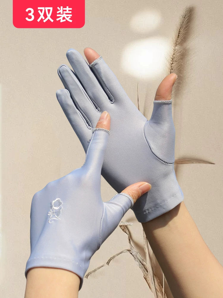 Women's Thin Ice Silk Sun Protection Half-Finger Gloves for Driving Cycling Touchscreen with Embroidery