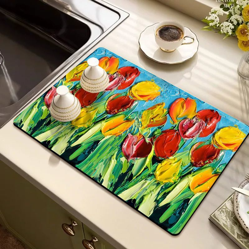 Floral Diatomaceous Earth Dish Drying Mat for Kitchen Countertops