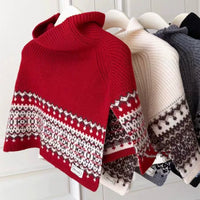 French Style Fair Isle High Neck Knitted Poncho Scarf for Women, Thickened Retro Outerwear