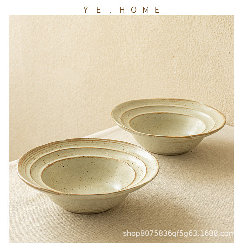 Japanese Retro Ceramic Straw Hat Bowl for Salad and Pasta, Creative Round Dish