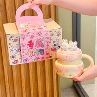 Cute Birthday Cake Ceramic Mug with Lid and Spoon, Gift for Girls and Friends