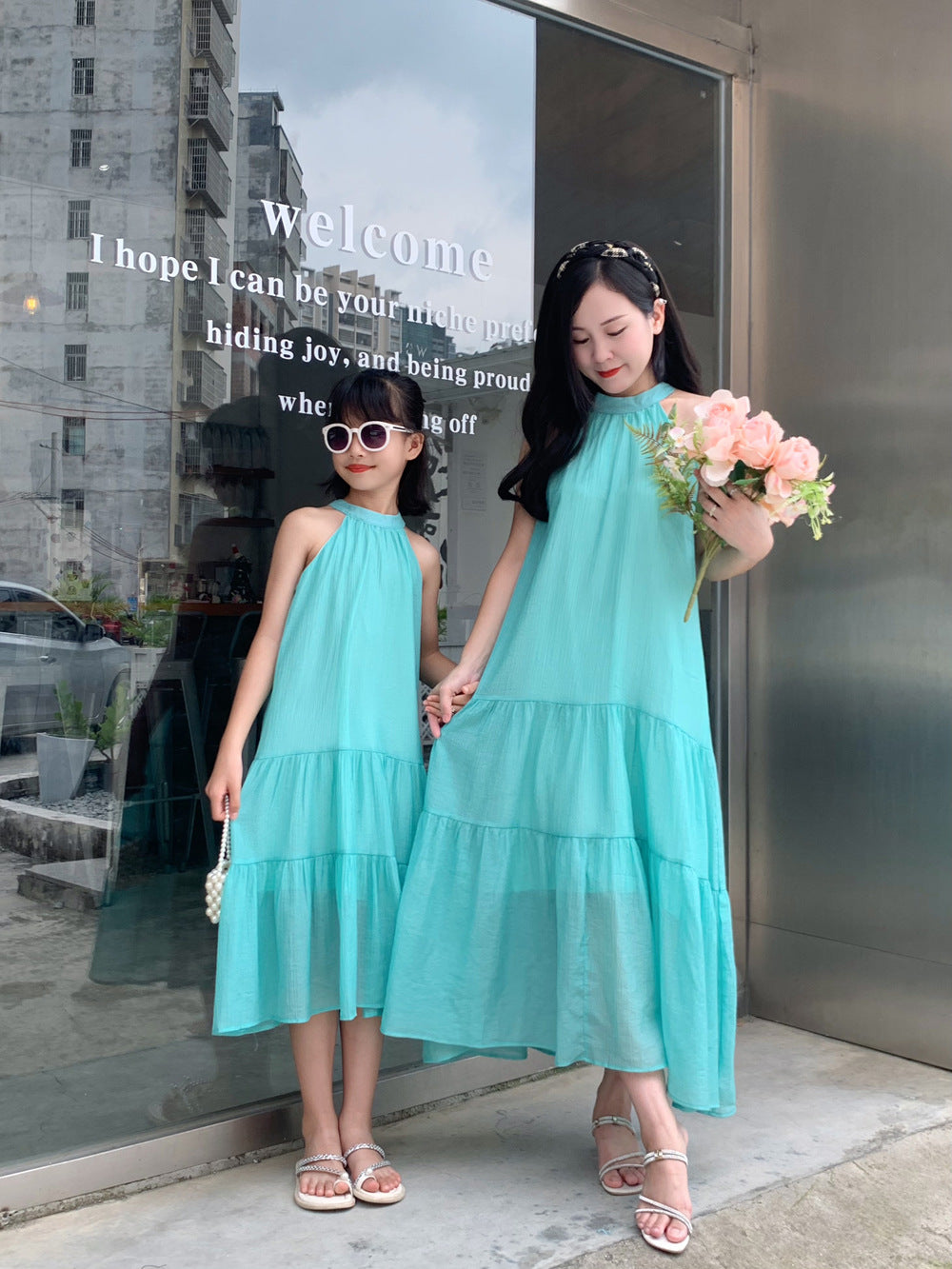 Mint Green Halter Neck Family Matching Dresses for Beach Vacation